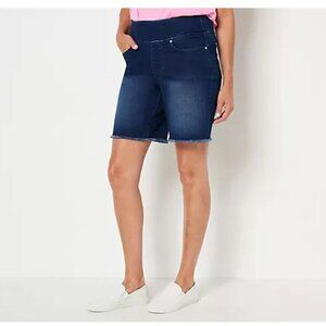 Belle by Kim Gravel TripleLuxe Denim 5-Pocket 8" Shorts.  Size 14.  Dark Indigo